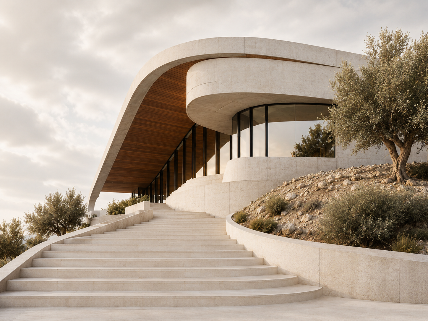 Curved modern concrete residence with glass windows