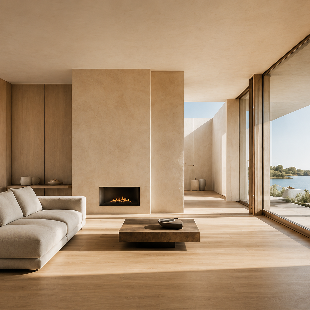 Warm minimal living room with fireplace