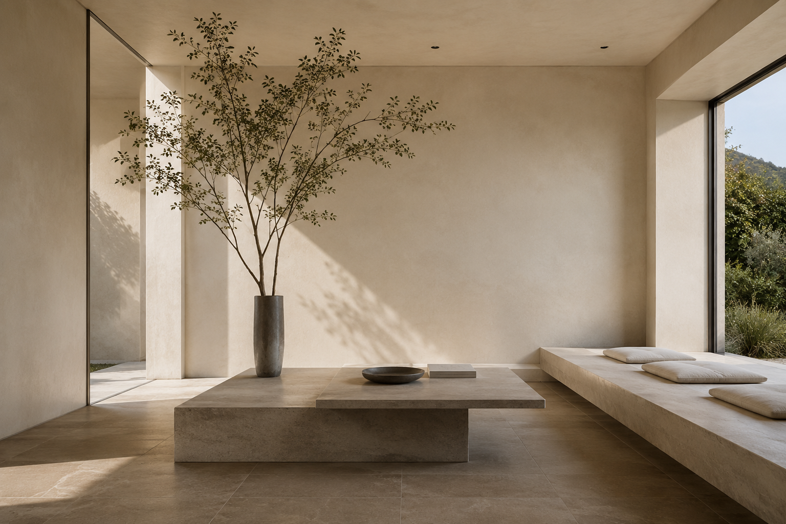 Calm architectural interior with tree and stone bench