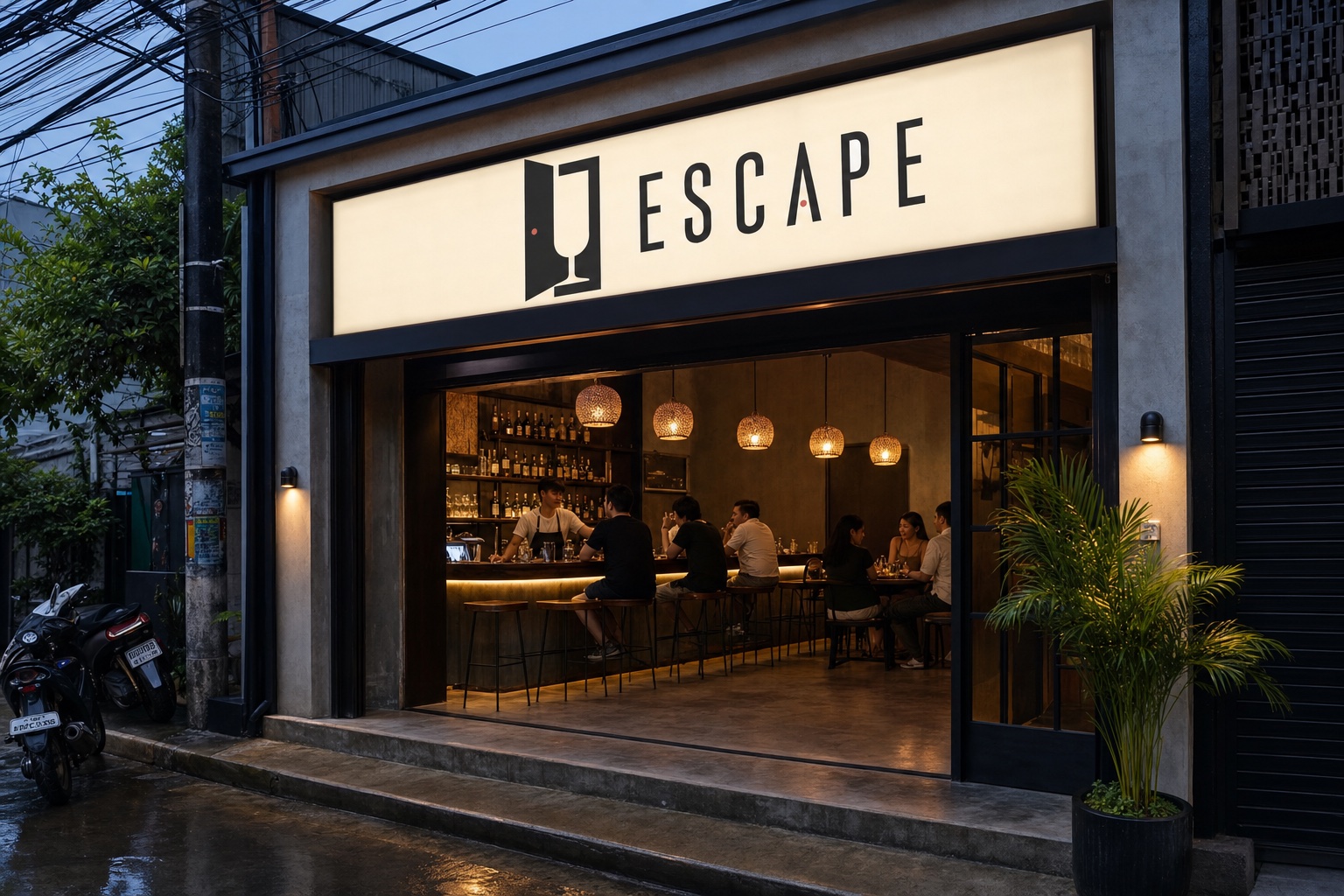 Escape logo on an illuminated street bar sign