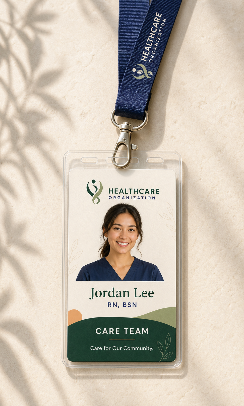 Living Well healthcare staff badge and lanyard mockup