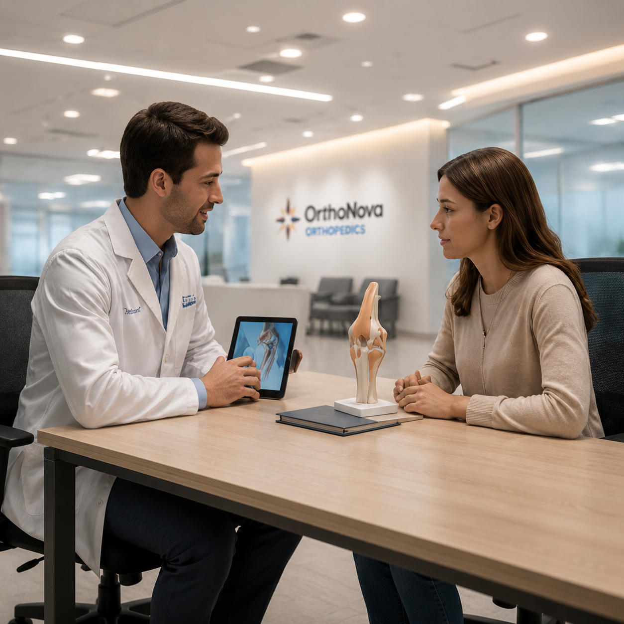 Patient receiving knee care consultation at OrthoNova