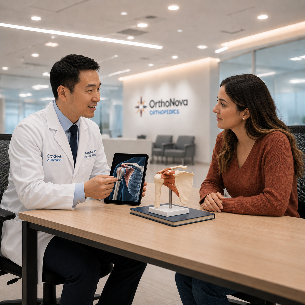 Patient receiving shoulder recovery consultation at OrthoNova