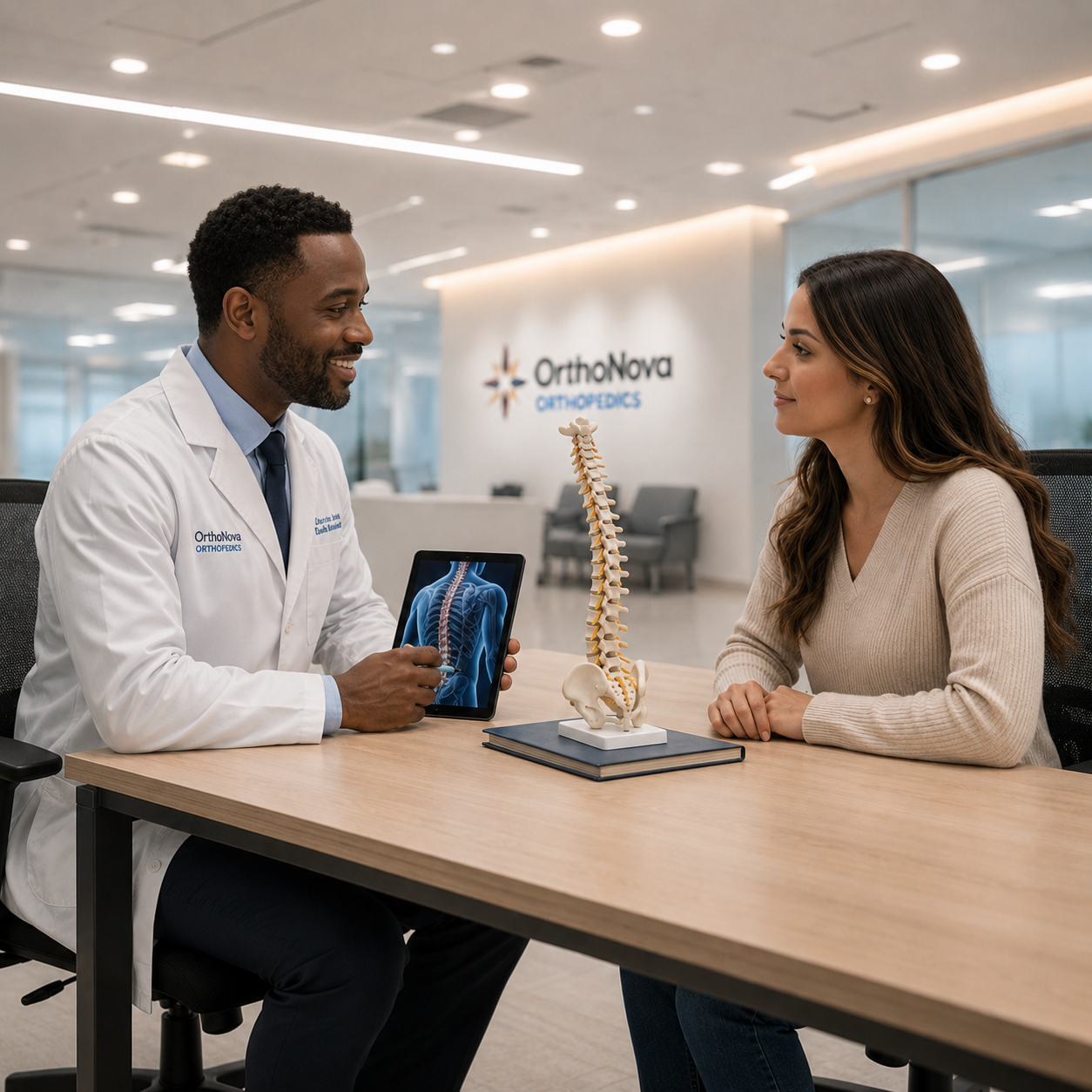 Patient receiving spine and back care consultation at OrthoNova