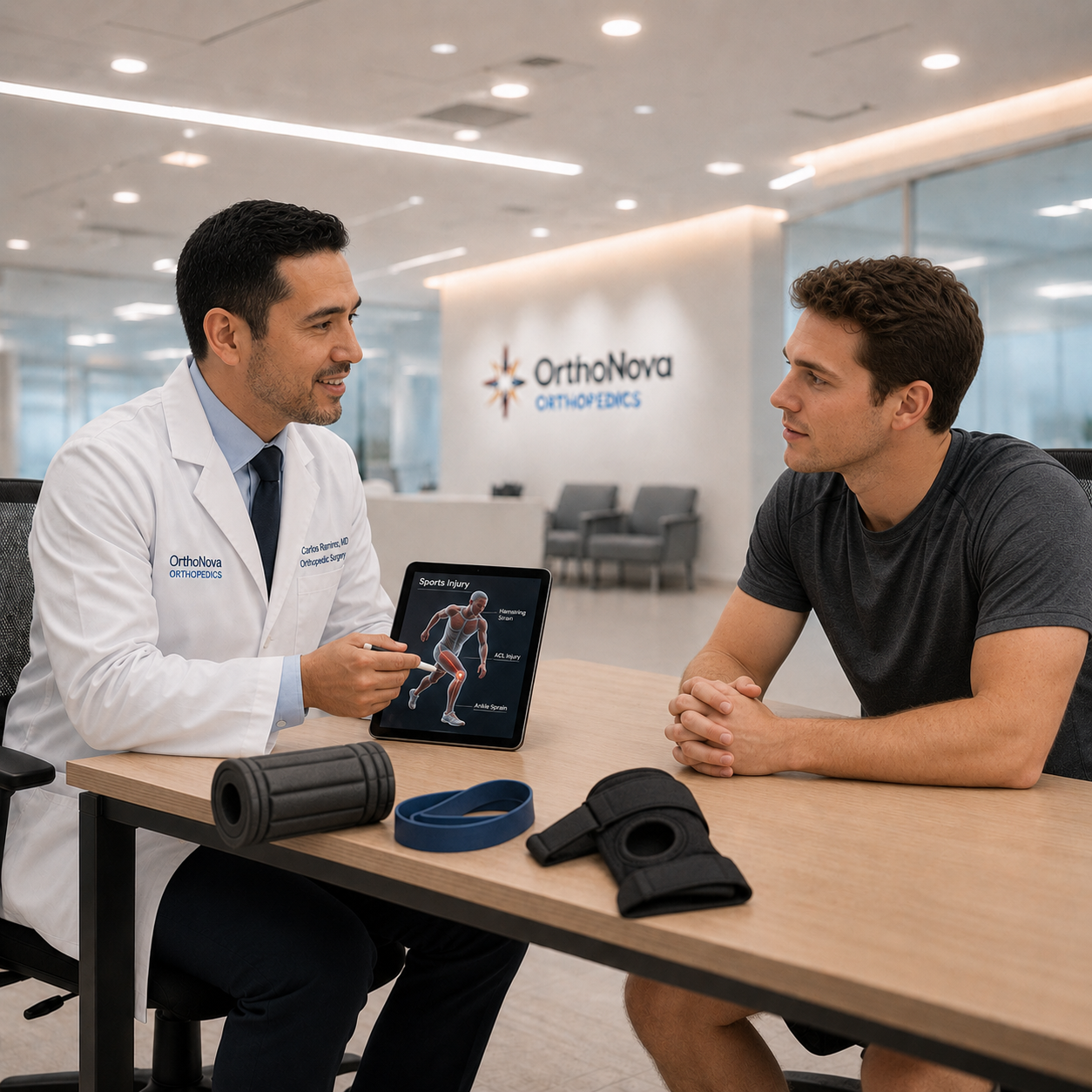 Patient receiving sports injury care consultation at OrthoNova
